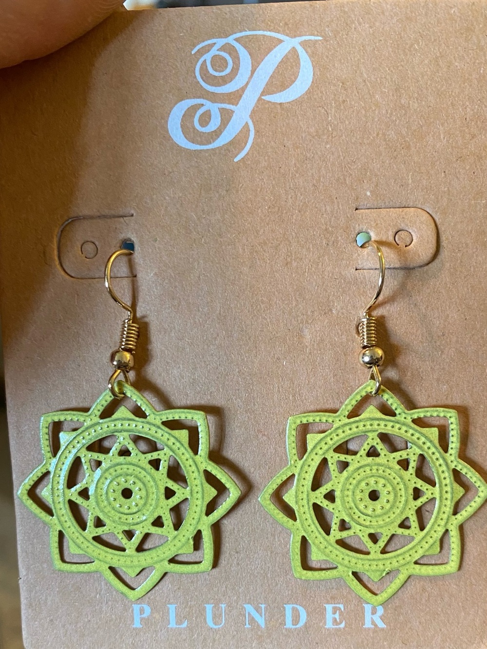 Plunder Neon Lime Mandala Drop Earrings with Gold Hooks
